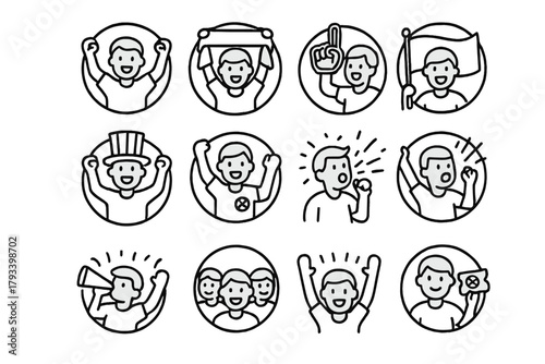 Football Fans Icons. Line style round icons of football fans: cheering, scarf, foam finger, flag; hat, jersey, chant, confetti;