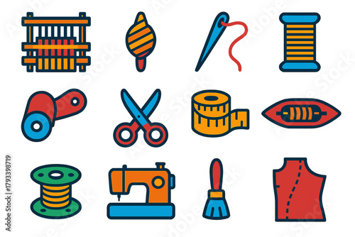Colorful Textile Tool Icons. Flat vector icons of Textile Tools: Loom, Spindle, Needle, Thread, Fabric Cutter, Scissors, Measuring