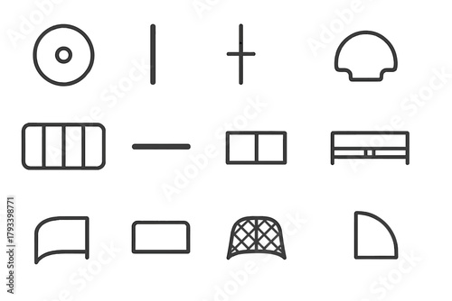 Hockey Rink Line Icons. Line style round icons of hockey rink layout: faceoff dot, blue line, red line, crease; neutral zone, goal