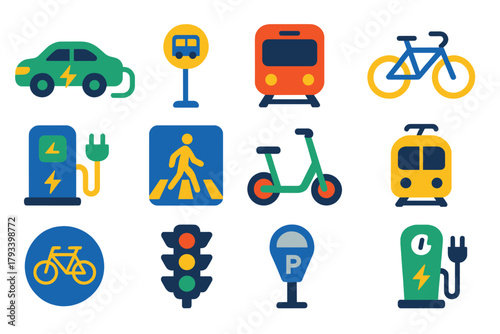 Transport and Ecology Icons. Flat vector icons of Transportation & Ecology: Electric Car, Bus Stop, Subway Train, Bicycle,