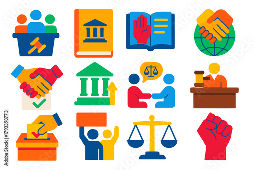 Global Legal Icons. Flat vector icons of Global Legal Concepts: Democracy, Constitution, Human Rights Charter, International