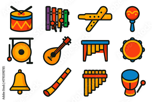 Cultural Instrument Icons. Flat vector icons of Cultural Music Instruments: Drum, Xylophone, Flute, Rattle, Gong, String