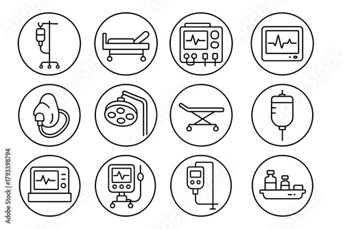 Hospital Equipment Icons. Line style round icons of hospital equipment: IV stand, hospital bed, defibrillator, medical monitor;