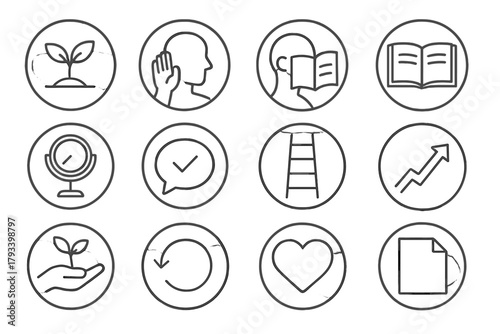 Icons of Growth. Line style round icons of humility and growth: small sprout, listening pose, learning icon, open book; reflect