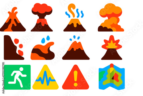 Volcanic Hazards Icons. Flat vector icons of Volcanic Hazards: Lava Flow, Ash Cloud, Gas Emission, Pyroclastic Flow, Landslide,