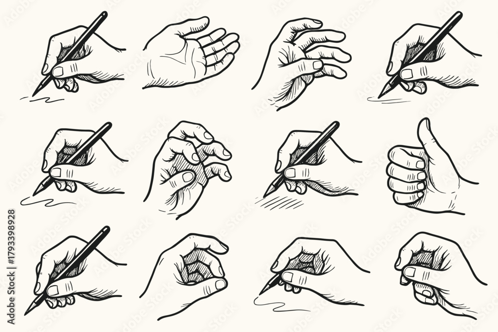 Fototapeta premium Sketch icon fingers hand gestures drawing icons detailed thumb light art vector