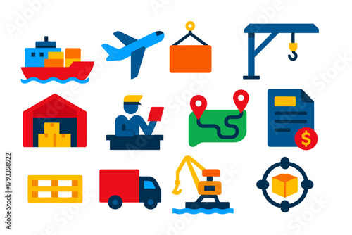 International Trade Icons. Flat vector icons of International Trade: Cargo Ship, Air Freight, Container, Crane, Warehouse, Customs