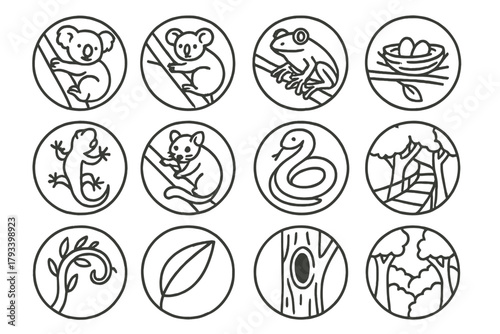 Tree-Dwellers Outline Icons. Line style round icons of tree-dwelling animals: koala, possum, tree frog, bird nest; gecko, sugar