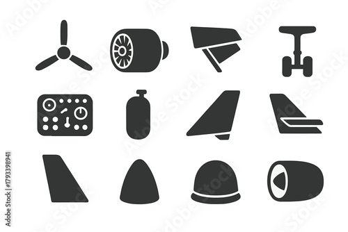 Aircraft Component Icons. Solid style icons of aircraft components: propeller, turbine engine, wing flaps, landing gear, cockpit