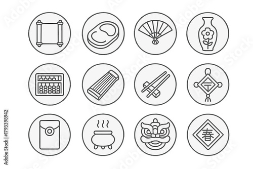 Chinese Heritage Icons. Line style round icons of Chinese heritage: scroll, inkstone, fan, porcelain vase; abacus, zither,
