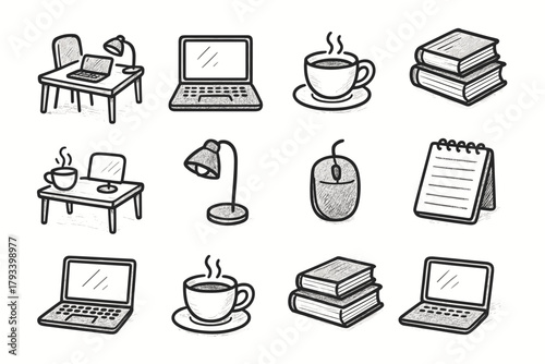 Open books notepad workstation icons cozy laptop icon vector tea small desk
