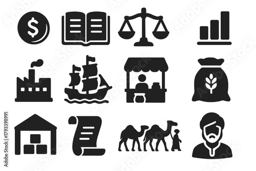 Economic History Icons. Solid style icons of economic history: gold coin, ledger book, balance scale, bar graph, factory, trade