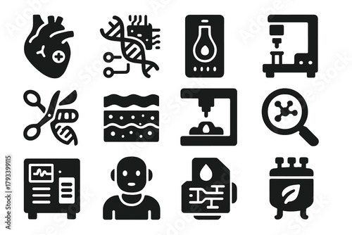 Futuristic Biotech Icons. Solid style icons of futuristic biotechnology: synthetic organ, gene circuit, lab-on-a-chip, automated