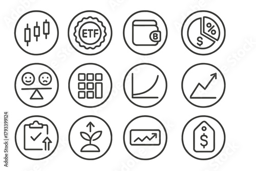 Investment Tracking Icons. Line style round icons of investment tracking: stock chart, ETF badge, crypto wallet, portfolio balance