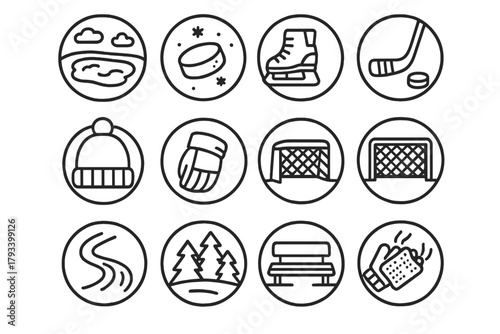 Outdoor Hockey Icons. Line style round icons of outdoor hockey: frozen lake, snow puck, stick, glove; hat, skates, scarf, goal;