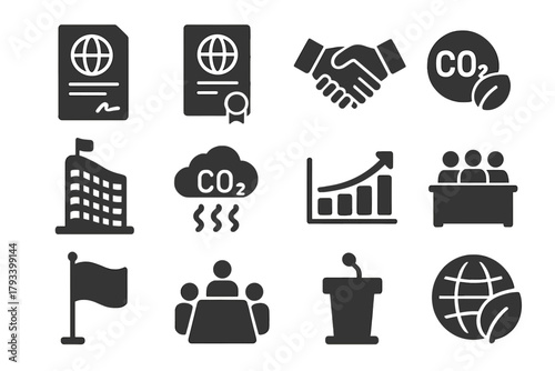 Climate Agreement Icons. Solid style icons of international climate agreements: Kyoto Protocol document, Paris Agreement treaty,