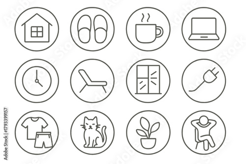 Remote Work Essentials. Line style round icons of remote balance: home office, slippers, coffee, laptop; clock zone, garden chair,