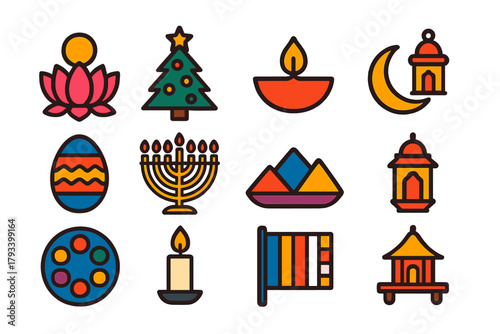 Vibrant Religious Icons. Flat vector icons of Religious Festivals: Vesak, Christmas Tree, Diwali Lamp, Ramadan Crescent, Easter