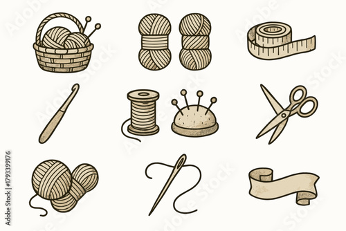 Collection icon measuring ribbon vector yarn craft scissors hook cozy skeins knitting