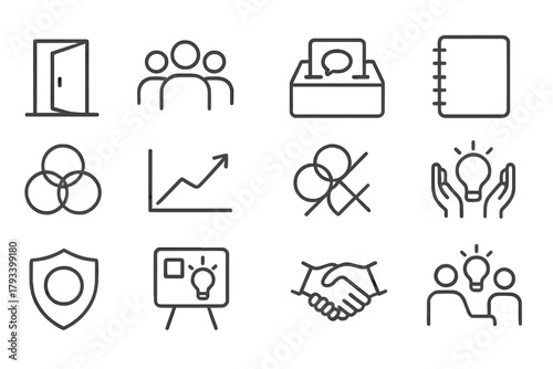 Innovation Culture Icons. Line style round icons of innovation culture: open door, team icon, feedback box, notebook; diversity