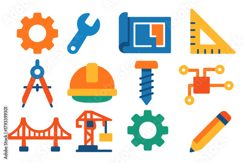 Engineering Tools Icons. Flat vector icons of engineering: gear, wrench, blueprint, ruler, compass, helmet, screw, circuit, bridge