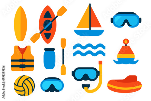 Colorful Water Sports Icons. Flat vector icons of water sports: surfboard, kayak, sailboat, swimming goggles, life jacket, paddle,