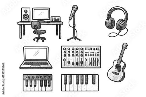 Stand guitar piano keys icons vector icon studio headphones soundboard microphone music