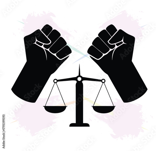 Justice and equality symbol with raised fists and balance scale representing power and fairness