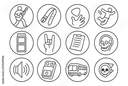 Rock Music Icons. Line style round icons of rock music culture: guitar solo, leather strap, pick toss, stage dive; amp stack,