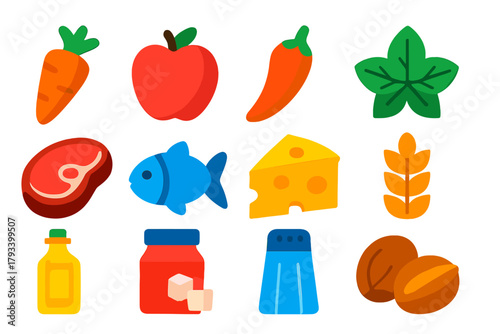 Vibrant Food Icons. Flat vector icons of Food Ingredients: Vegetables, Fruits, Spices, Herbs, Meat, Fish, Dairy, Grains, Oil