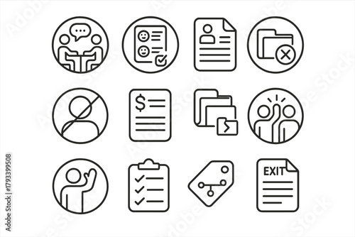 Employee Offboarding Icons. Line style round icons of employee offboarding: exit interview, feedback form, resignation letter,