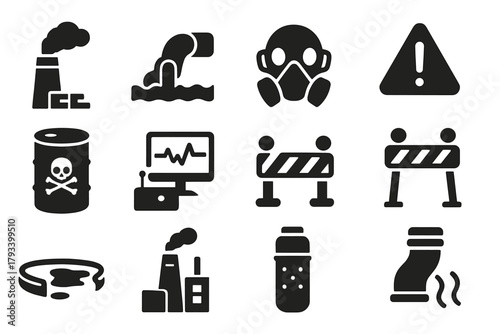 Pollution Control Icons. Solid style icons of pollution control measures: smokestack filter, wastewater treatment, dust mask,