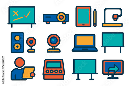 Classroom Tech Icons. Flat vector icons of classroom technology: interactive whiteboard, projector, tablet, stylus, speaker,