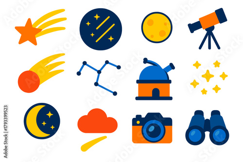 Perseids Meteor Icons. Flat vector icons of Perseids Meteor Shower: Shooting Star, Night Sky, Telescope, Moon, Comet, Meteor Trail