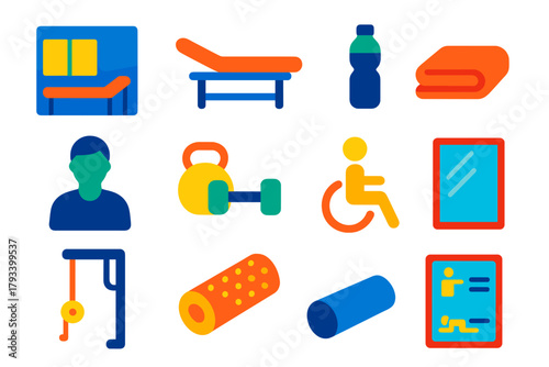 Therapy Room Icons. Flat vector icons of Therapy Environment: Clinic Room, Treatment Table, Exercise Mat, Water Bottle, Towel,