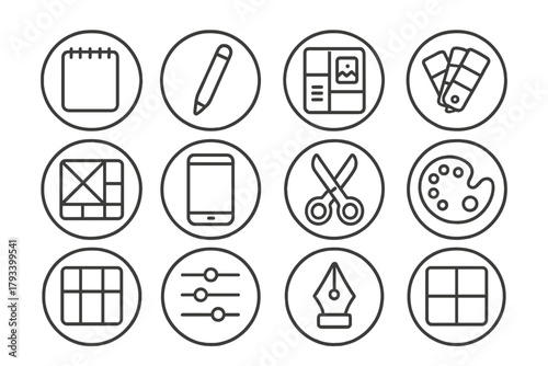 Creative Tools Icons. Line style round icons of creative tools: sketchpad, stylus, mood board, swatches; wireframe, digital tablet
