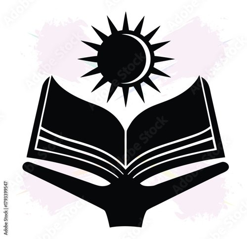 Knowledge and enlightenment through learning a book with sun and hand concept graphic