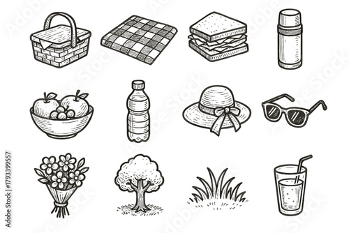 Juice icon checkered picnic basket fruit vector water bouquet glass set