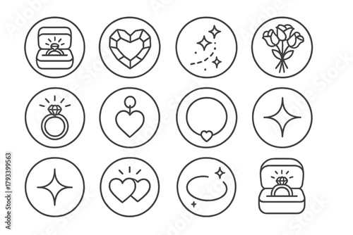 Romantic Symbolism Icons. Line style round icons of romantic symbolism: ring box, heart gem, sparkle trail, bouquet; engagement