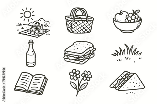 Set flowers fruit sandwiches bottle grass vector icon setup meadow picnic