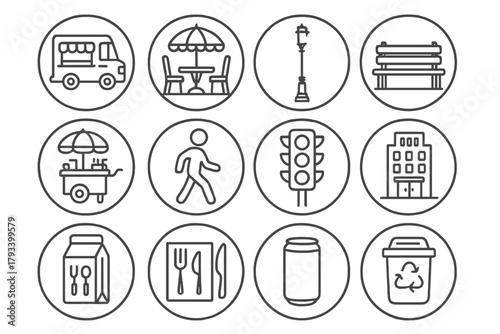 Urban Dining Icons. Line style round icons of city dining: food truck, sidewalk table, street lamp, park bench; coffee cart,