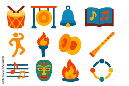 Ritual Music Icons. Flat vector icons of Ritual Music: Drum, Gong, Bell, Chant Book, Dancing Figure, Torch, Cymbals, Flute, Music