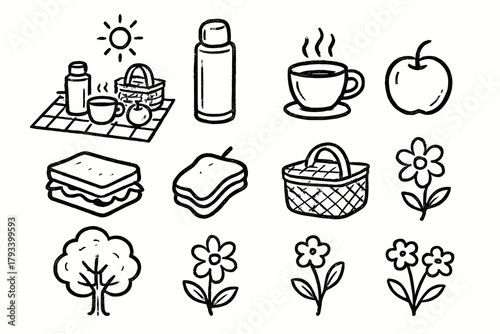 Picnic vector basket thermos apple tree sandwich outdoor cup icon set