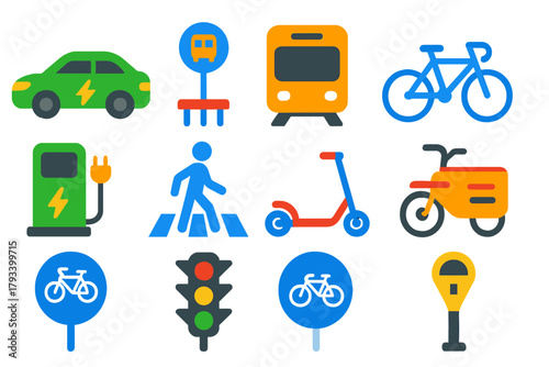 Transport and Ecology Icons. Flat vector icons of Transportation & Ecology: Electric Car, Bus Stop, Subway Train, Bicycle,