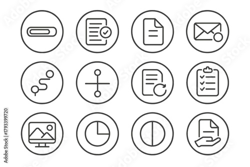 Project Update Icons. Line style round icons of project updates for clients: progress bar, status sheet, deliverable file, update