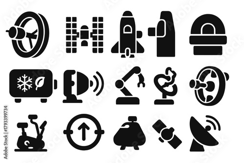 Orbital Habitat Icons. Solid style icons of orbital habitats: rotating space station, solar panels, docking bay, observation deck,