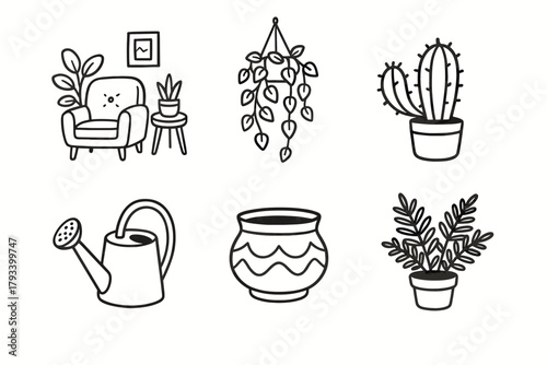 Cactus watering icon fern cozy nook stool vector pot plant set ivy