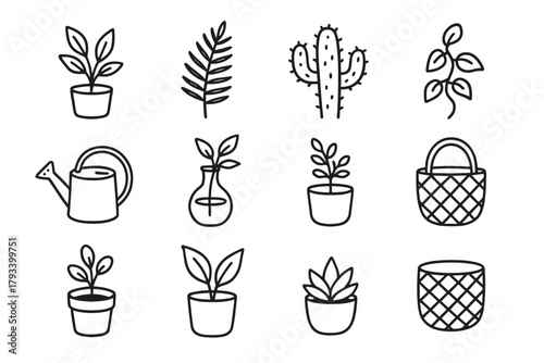 Vine fern pot glass collection vector watering vase icon minimal plant