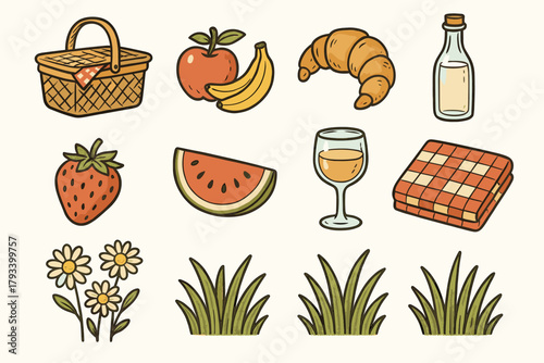 Daisies spring blanket icon basket springtime icons picnic croissant fruits grass vector