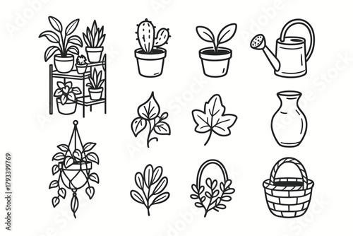 Home basket small can icon greenery vector ceramic plant hanging set